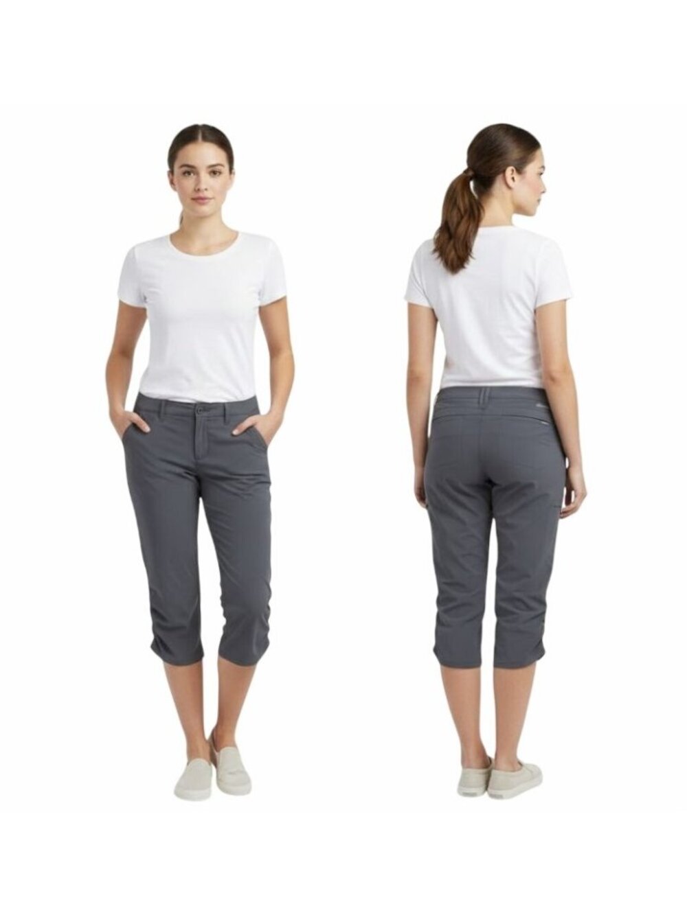 ⭐Eddie Bauer Womens Capri Ruched Hiking Pants Gray Sz 2 Stretch Travel 5 Pockets